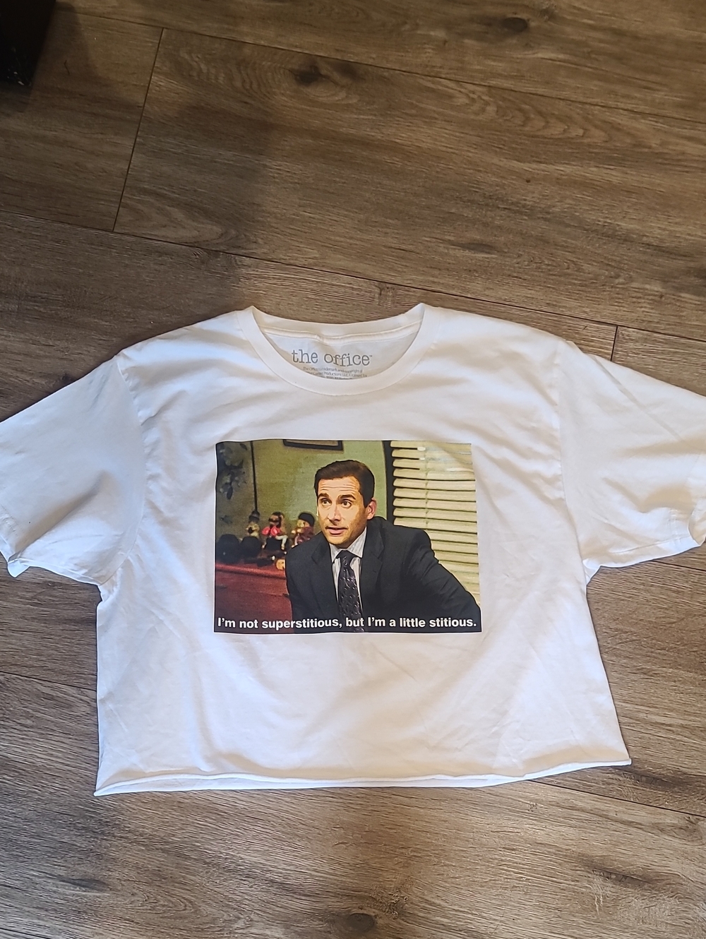The Office Michael Scott Little Stitious Cropped Graphic Tee Medium